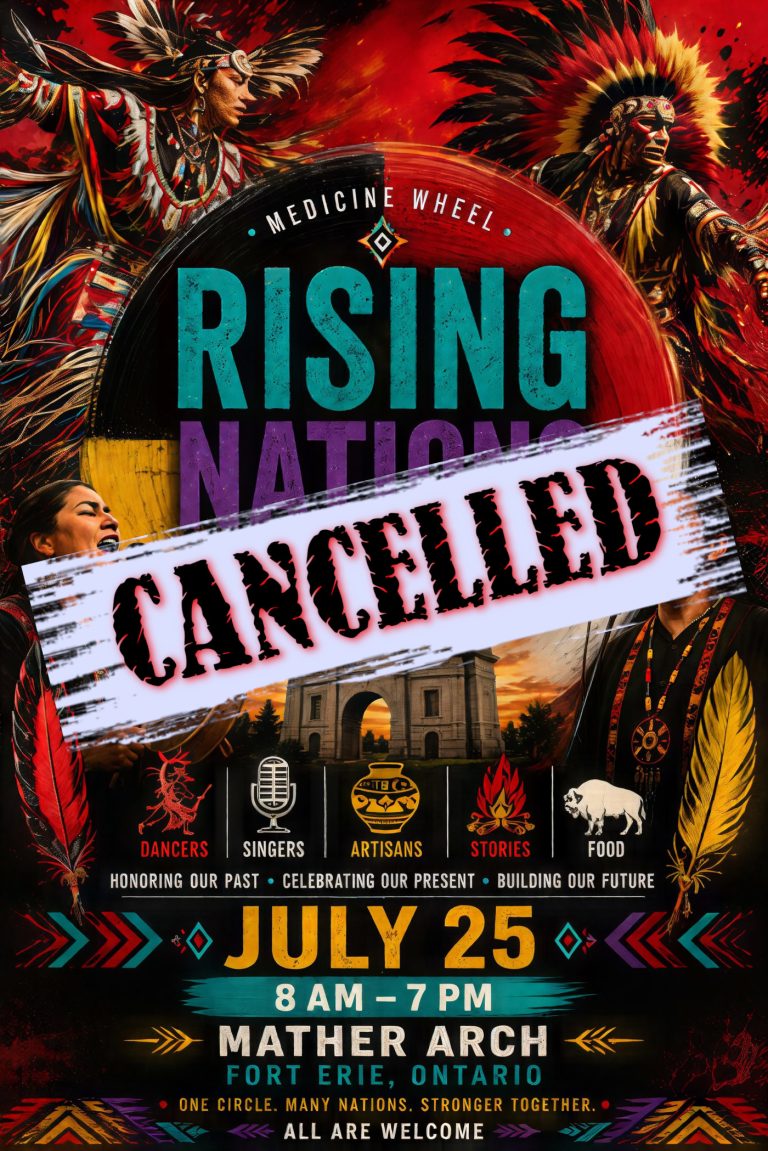 Cultural festival poster with Indigenous dancers and musicians in Fort Ontario.
