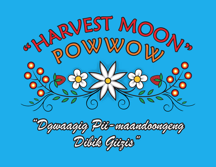 Harvest Moon Pow Wow logo with floral design and text in English and Indigenous language.
